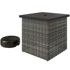 Wicker Side Table With 1.5 Umbrella Hole, Square Outdoor End Table With UV-Resistant Frame, Storage Space, Mixed-Gray (Option: Gray)