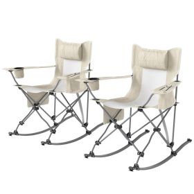 Folding Rocking Camping Chairs, Portable Chairs With Headrest, Cooler Bag, Cup Holder, Carry Bag, 2 Pack, Cream (Option: Cream)