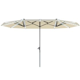 15ft Double-Sided Outdoor Umbrella With Solar Lights, Extra Large Aluminum Patio Umbrella With Crank, Cream White (Option: White)